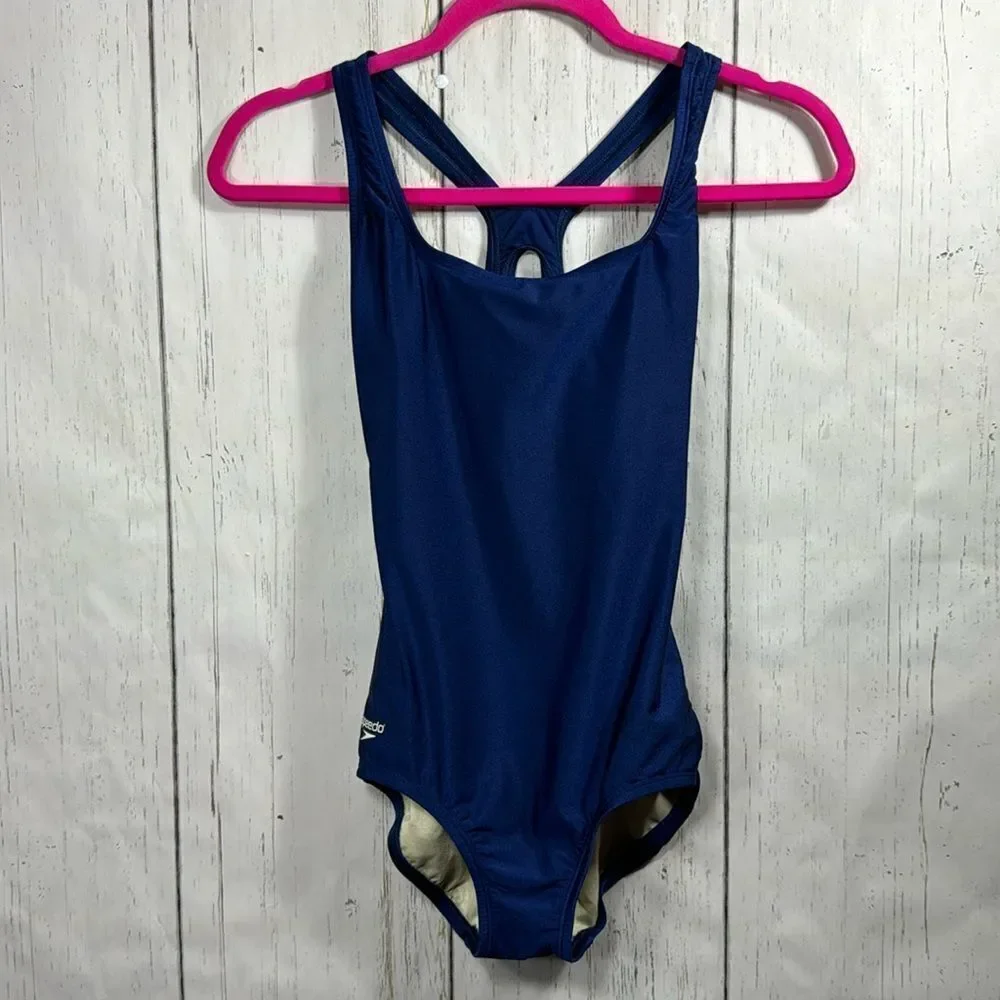 Speedo Womens One Piece Racerback Athletic Swim Solid Blue Swimsuit